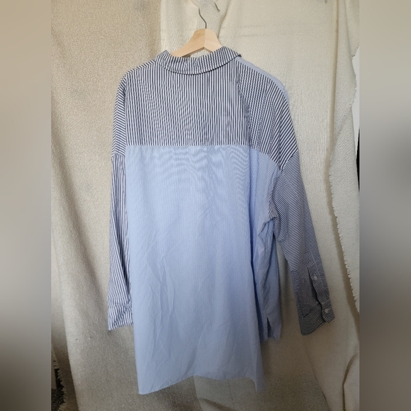 Topshop Oversize Mixed Stripe Button-Up Shirt in Medium Blue - Picture 3 of 5